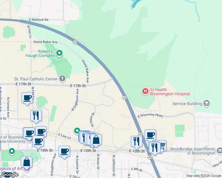 map of restaurants, bars, coffee shops, grocery stores, and more near 2200 East Lingelbach Lane in Bloomington