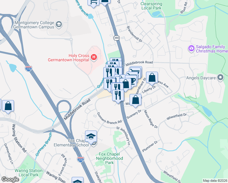 map of restaurants, bars, coffee shops, grocery stores, and more near 19660 Gunners Branch Road in Germantown