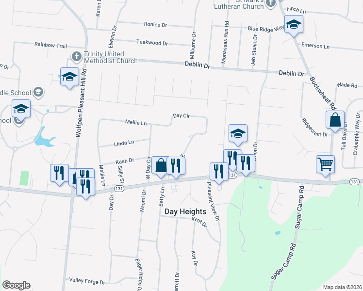 map of restaurants, bars, coffee shops, grocery stores, and more near 5697 Day Cir E in Milford