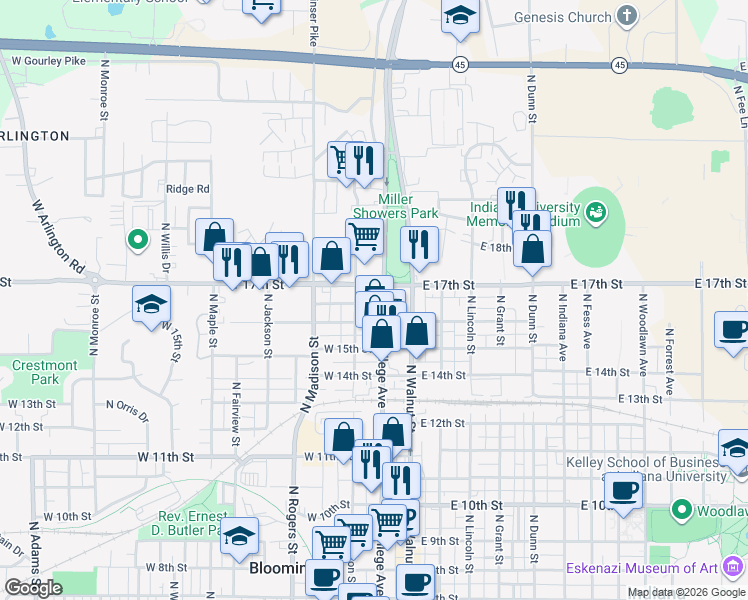 map of restaurants, bars, coffee shops, grocery stores, and more near in Bloomington
