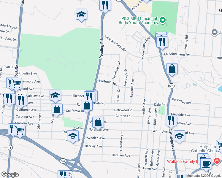 map of restaurants, bars, coffee shops, grocery stores, and more near 5109 Newfield Avenue in Cincinnati