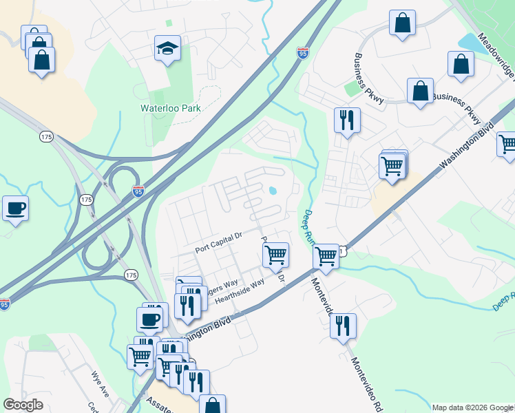 map of restaurants, bars, coffee shops, grocery stores, and more near 7204 Old Friendship Way in Elkridge