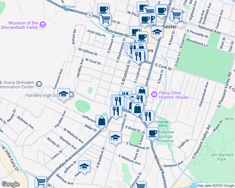 map of restaurants, bars, coffee shops, grocery stores, and more near 701 South Braddock Street in Winchester