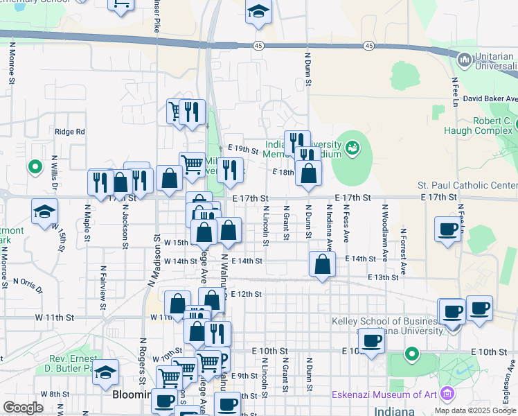 map of restaurants, bars, coffee shops, grocery stores, and more near 1214 North Washington Street in Bloomington