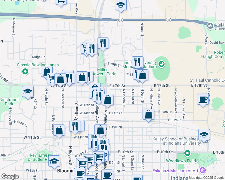 map of restaurants, bars, coffee shops, grocery stores, and more near 1214 North Washington Street in Bloomington