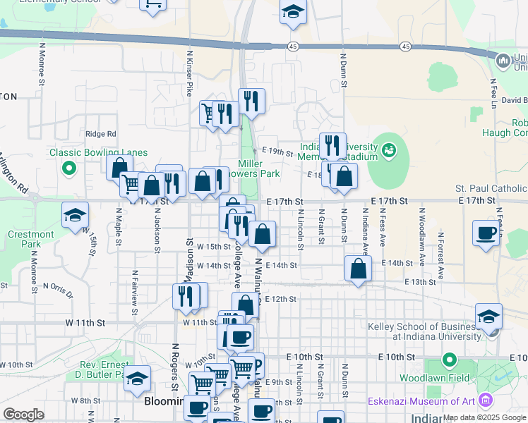 map of restaurants, bars, coffee shops, grocery stores, and more near 1301 North Walnut Street in Bloomington