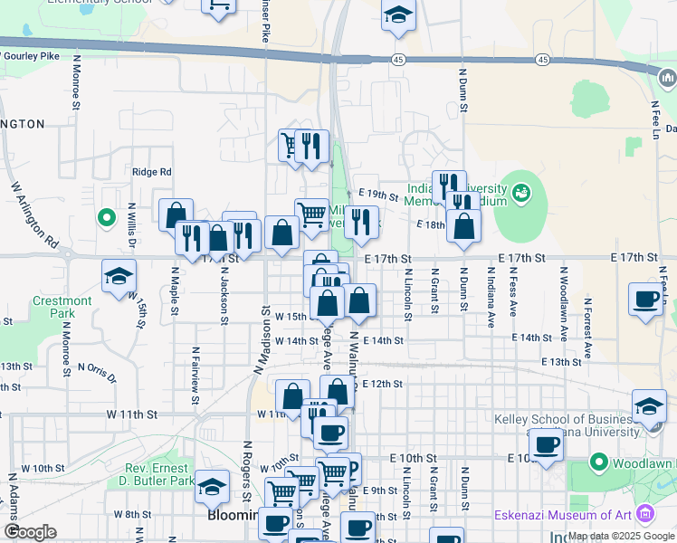 map of restaurants, bars, coffee shops, grocery stores, and more near in Bloomington