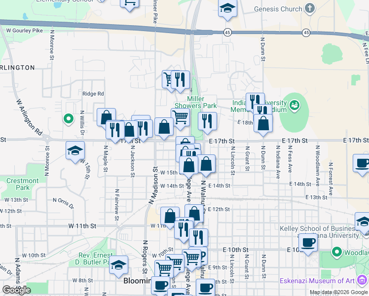 map of restaurants, bars, coffee shops, grocery stores, and more near in Bloomington