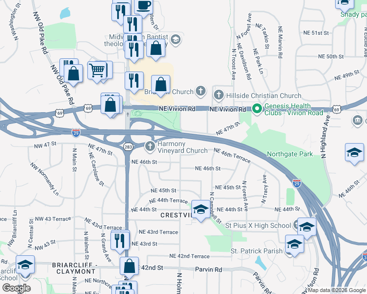 map of restaurants, bars, coffee shops, grocery stores, and more near 4637 North Holmes Street in Kansas City