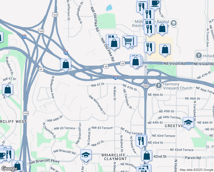 map of restaurants, bars, coffee shops, grocery stores, and more near 4618 Northwest Baltimore Drive in Kansas City