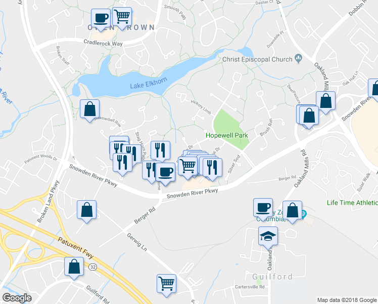 map of restaurants, bars, coffee shops, grocery stores, and more near 7047 Deepage Drive in Columbia