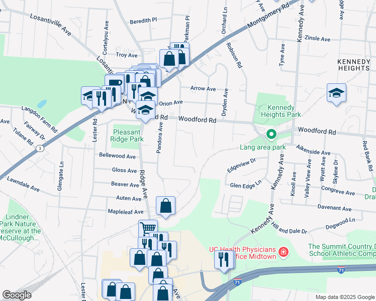 map of restaurants, bars, coffee shops, grocery stores, and more near 5901 East Woodmont Avenue in Cincinnati