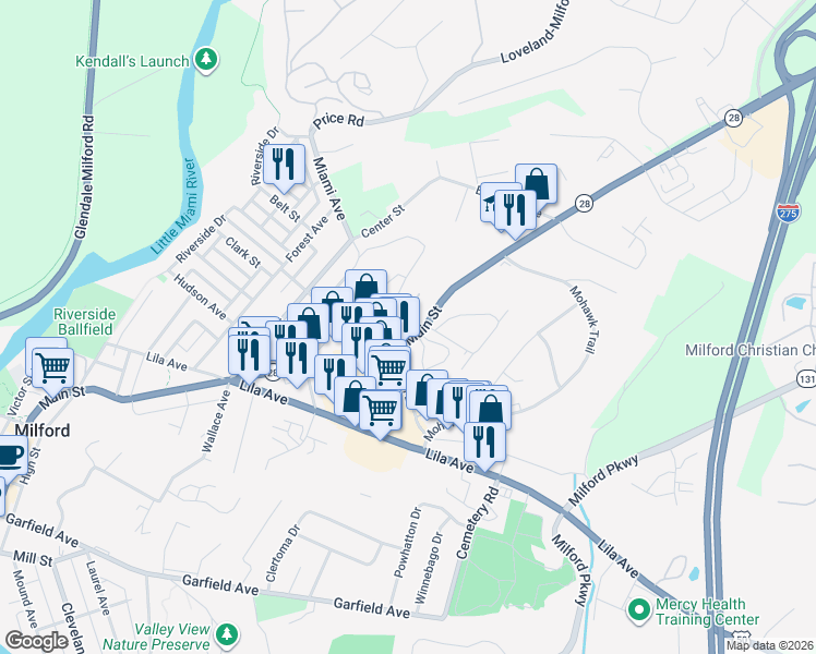 map of restaurants, bars, coffee shops, grocery stores, and more near 911 Main Street in Milford
