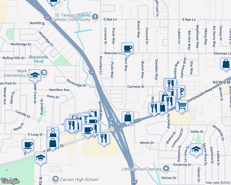 map of restaurants, bars, coffee shops, grocery stores, and more near 90 Royal Drive in Carson City