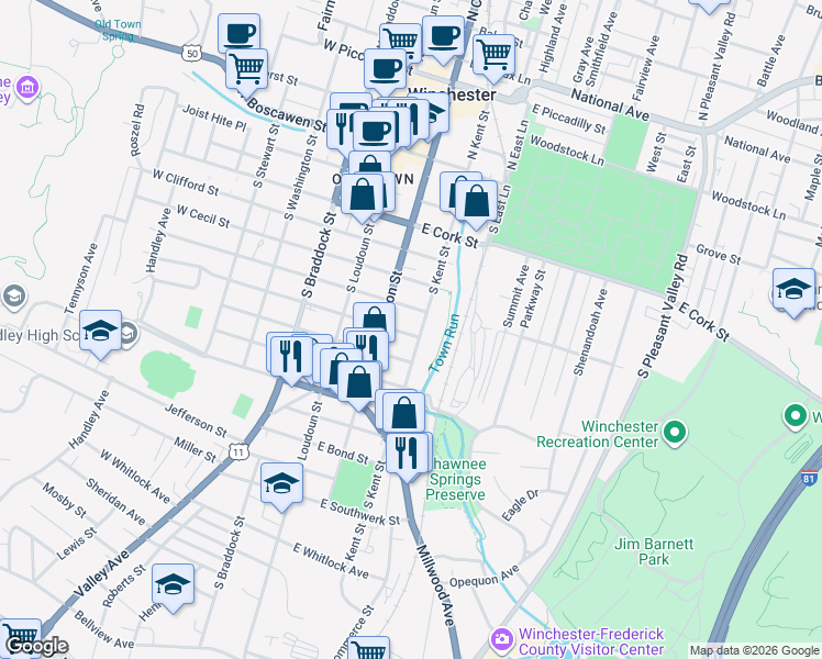 map of restaurants, bars, coffee shops, grocery stores, and more near 126 E Monmouth St in Winchester