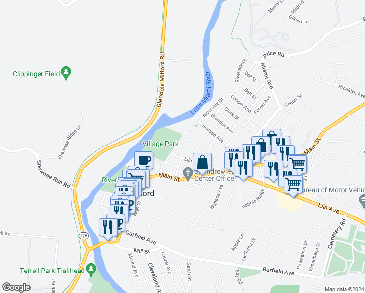 map of restaurants, bars, coffee shops, grocery stores, and more near 10 Chateau Place in Milford