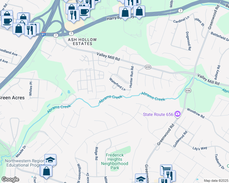 map of restaurants, bars, coffee shops, grocery stores, and more near 207 Willowbrook Court in Winchester