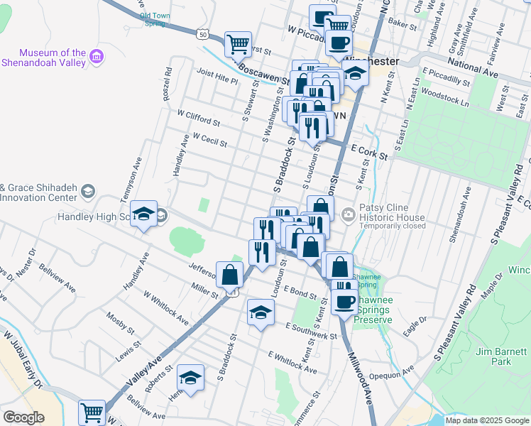 map of restaurants, bars, coffee shops, grocery stores, and more near 701 South Braddock Street in Winchester
