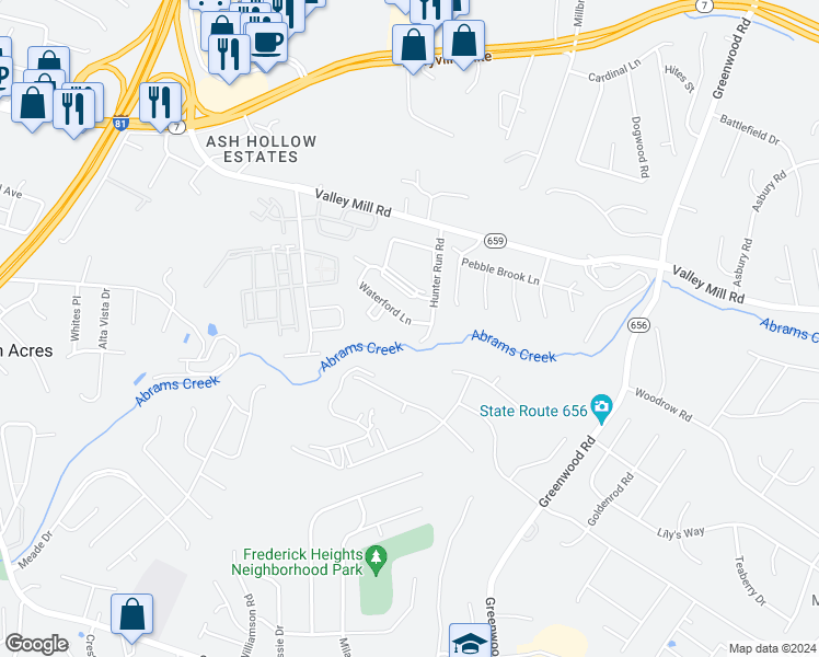 map of restaurants, bars, coffee shops, grocery stores, and more near 119 Waterford Lane in Winchester