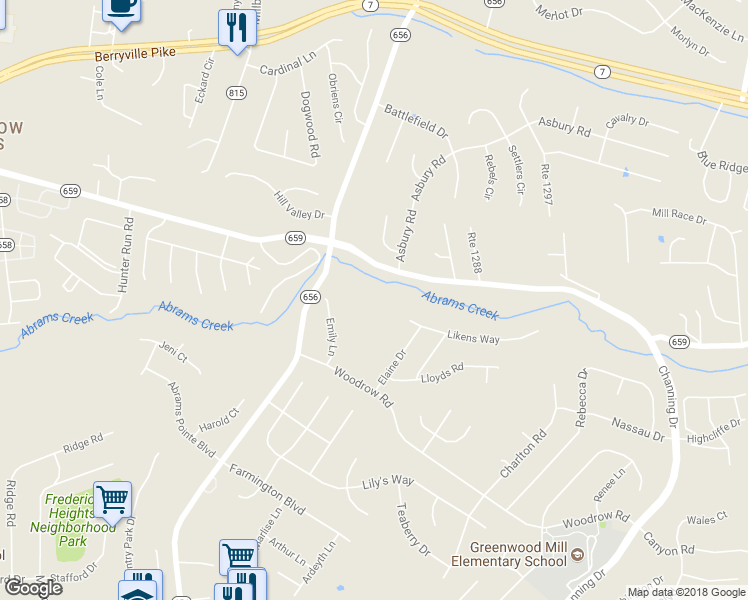 map of restaurants, bars, coffee shops, grocery stores, and more near 406 Emily Lane in Winchester