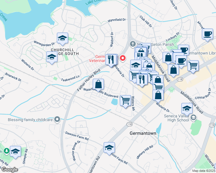 map of restaurants, bars, coffee shops, grocery stores, and more near 19625 Galway Bay Circle in Germantown