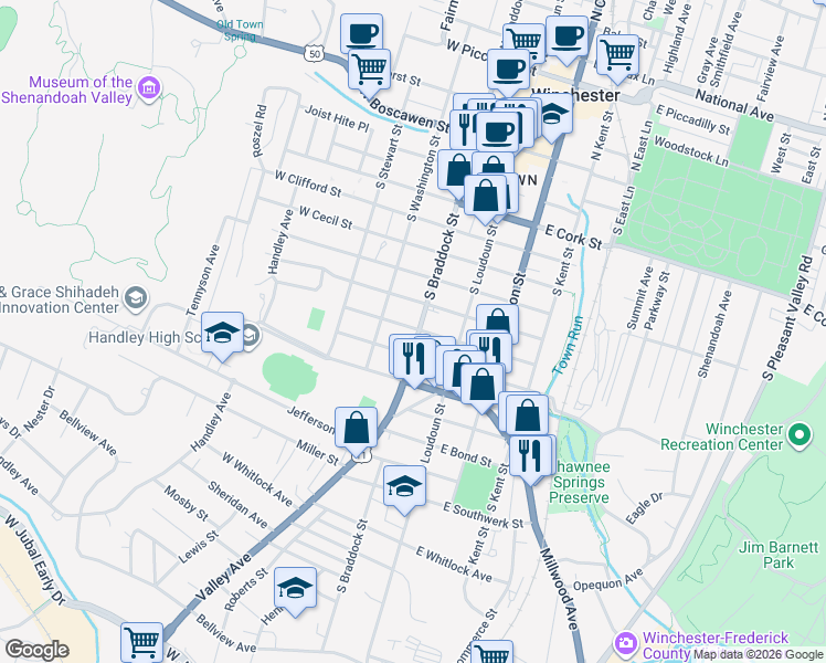 map of restaurants, bars, coffee shops, grocery stores, and more near 701 South Braddock Street in Winchester