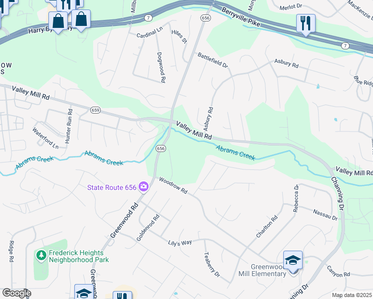 map of restaurants, bars, coffee shops, grocery stores, and more near 409 Emily Lane in Winchester