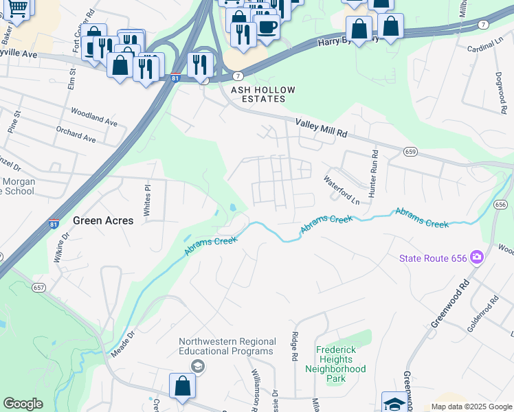 map of restaurants, bars, coffee shops, grocery stores, and more near 213 Aurora Lane in Winchester