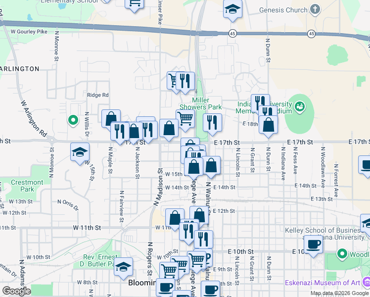 map of restaurants, bars, coffee shops, grocery stores, and more near in Bloomington