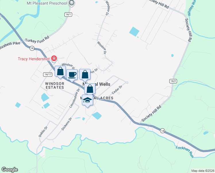 map of restaurants, bars, coffee shops, grocery stores, and more near 223 Locust Dr in Mineral Wells