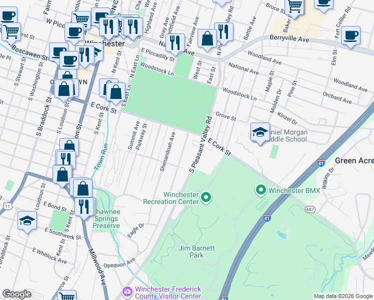 map of restaurants, bars, coffee shops, grocery stores, and more near 232 Opequon Avenue in Winchester
