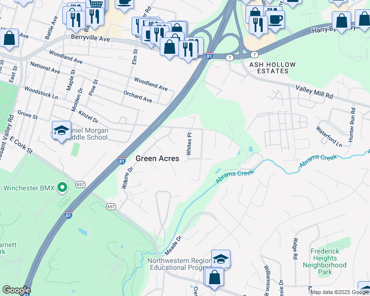 map of restaurants, bars, coffee shops, grocery stores, and more near 110 Whites Place in Winchester