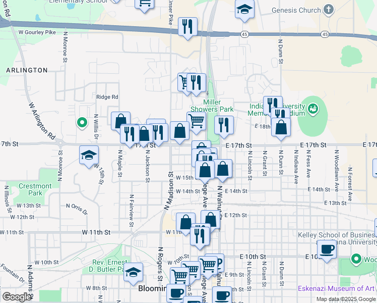 map of restaurants, bars, coffee shops, grocery stores, and more near 1327 North Woodburn Avenue in Bloomington