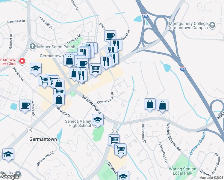 map of restaurants, bars, coffee shops, grocery stores, and more near 19757 Crystal Rock Drive in Germantown