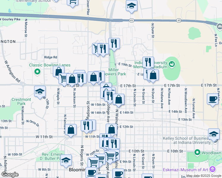 map of restaurants, bars, coffee shops, grocery stores, and more near in Bloomington