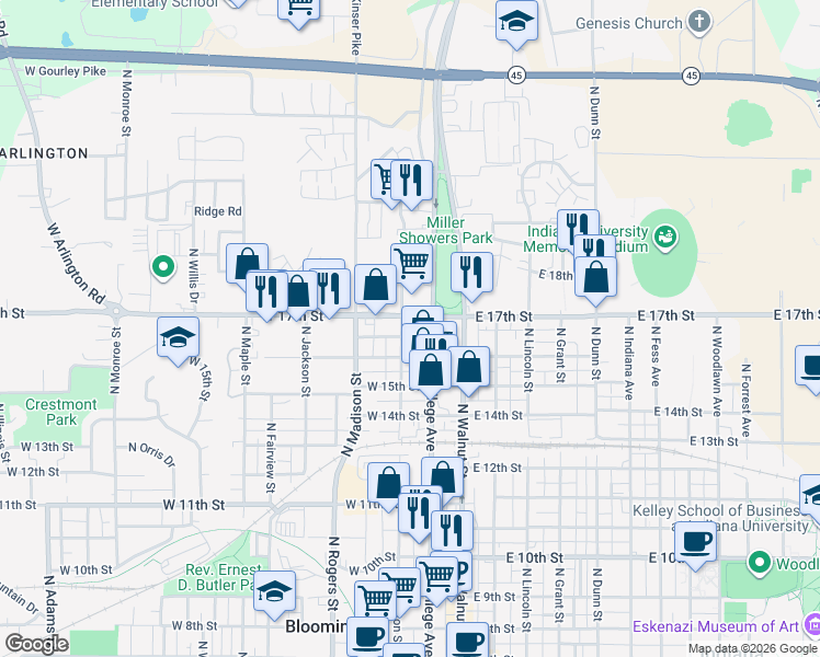 map of restaurants, bars, coffee shops, grocery stores, and more near in Bloomington