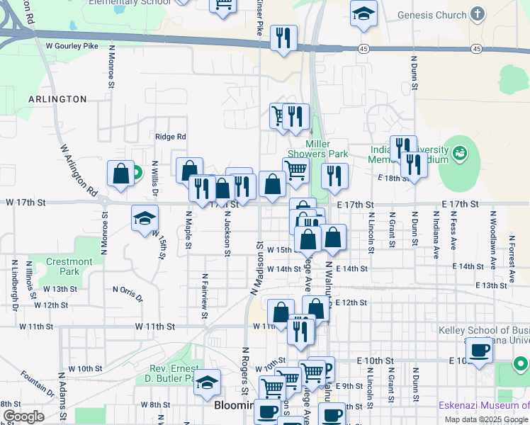 map of restaurants, bars, coffee shops, grocery stores, and more near 1221 North Madison Street in Bloomington