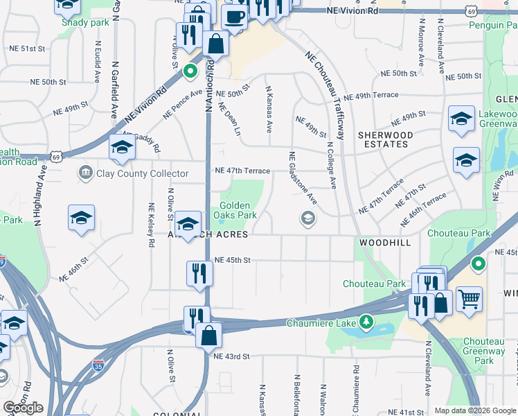 map of restaurants, bars, coffee shops, grocery stores, and more near 4616 North Kansas Avenue in Kansas City