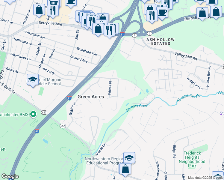 map of restaurants, bars, coffee shops, grocery stores, and more near 111 Whites Place in Winchester