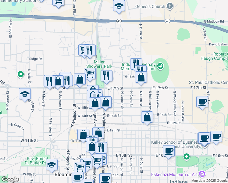 map of restaurants, bars, coffee shops, grocery stores, and more near 1334 North Washington Street in Bloomington