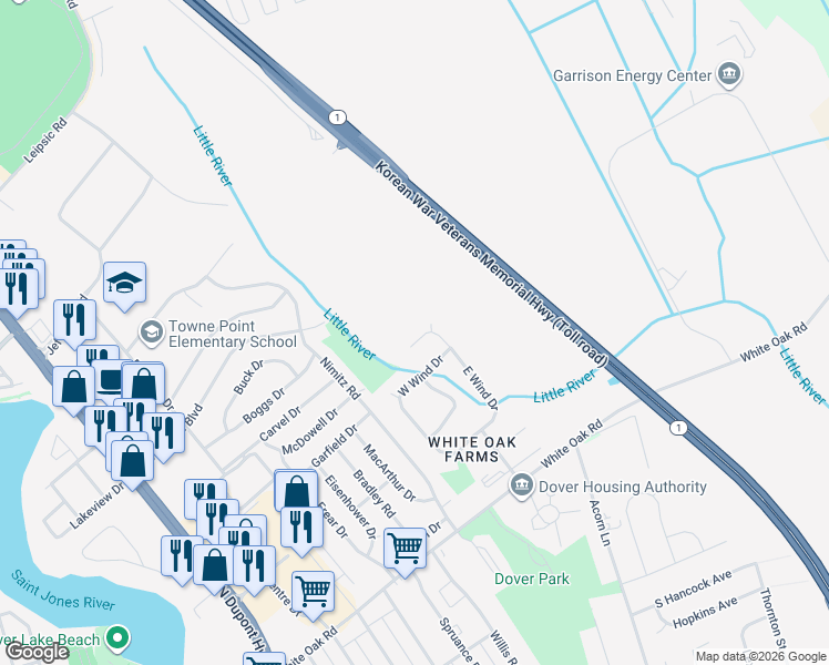 map of restaurants, bars, coffee shops, grocery stores, and more near 533 Schooner Way in Dover