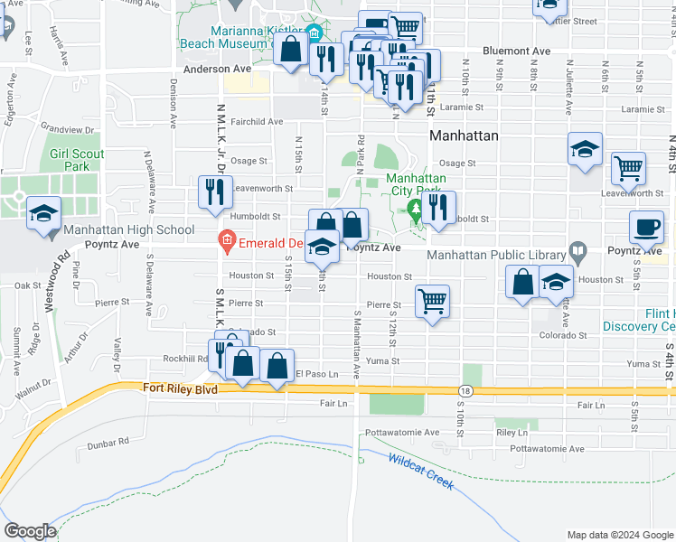 map of restaurants, bars, coffee shops, grocery stores, and more near 1318 Houston Street in Manhattan
