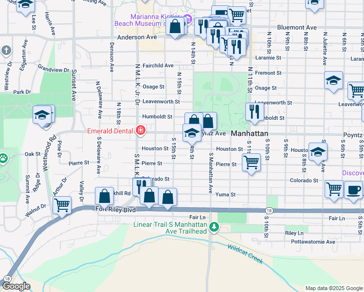 map of restaurants, bars, coffee shops, grocery stores, and more near 1418 Houston Street in Manhattan