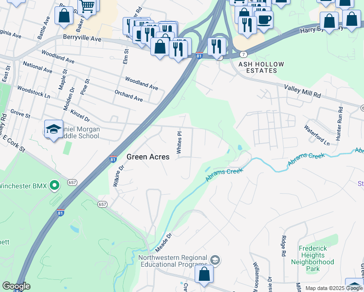 map of restaurants, bars, coffee shops, grocery stores, and more near 111 Whites Place in Winchester