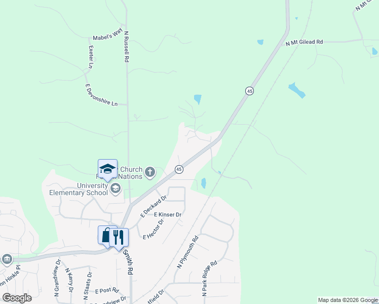 map of restaurants, bars, coffee shops, grocery stores, and more near 4615 East State Road 45 in Bloomington