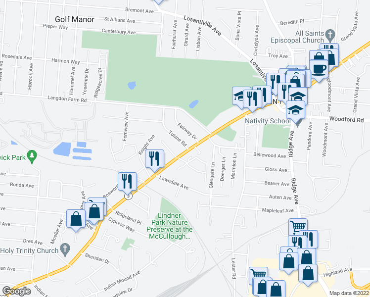 map of restaurants, bars, coffee shops, grocery stores, and more near 5745 Montgomery Road in Cincinnati
