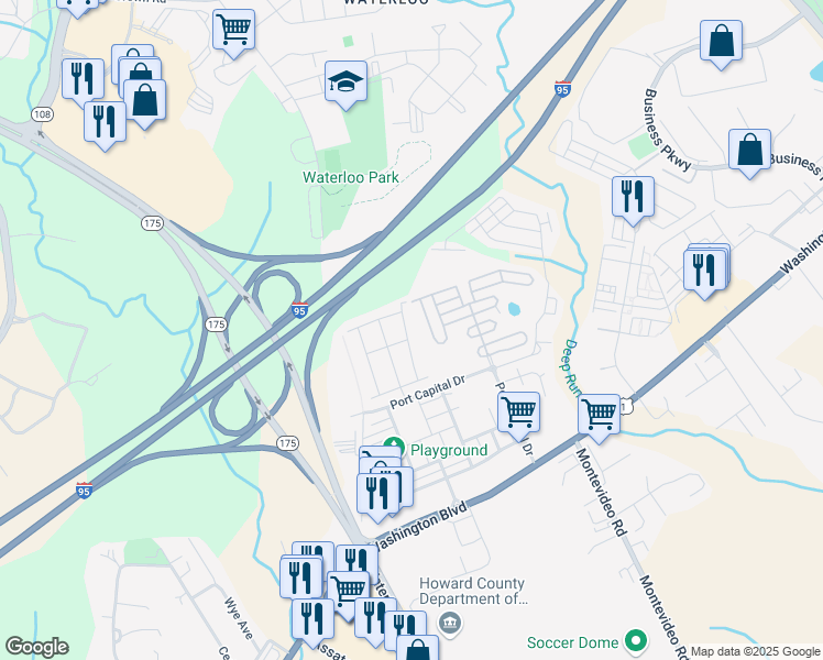 map of restaurants, bars, coffee shops, grocery stores, and more near 7160 Deep Falls Way in Elkridge