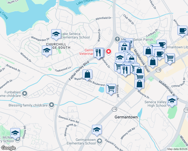 map of restaurants, bars, coffee shops, grocery stores, and more near 13500 Carlow Point Circle in Germantown