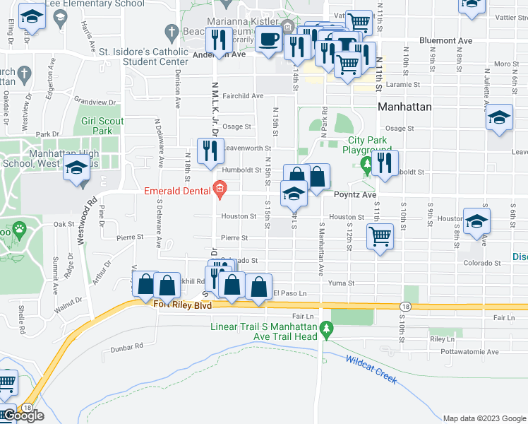 map of restaurants, bars, coffee shops, grocery stores, and more near 1500 Houston Street in Manhattan