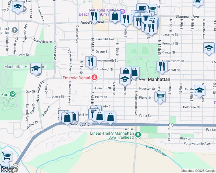 map of restaurants, bars, coffee shops, grocery stores, and more near 1518 Houston Street in Manhattan